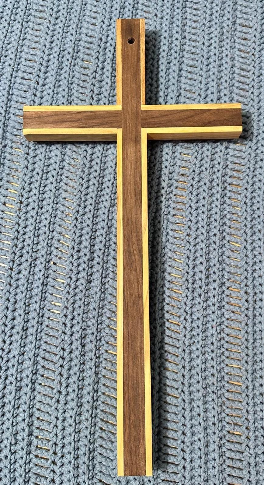 Walnut Cross with Black gum Overlay. 9" X 18". Wall hanger. Natural wood no stain. Solid Hardwood.