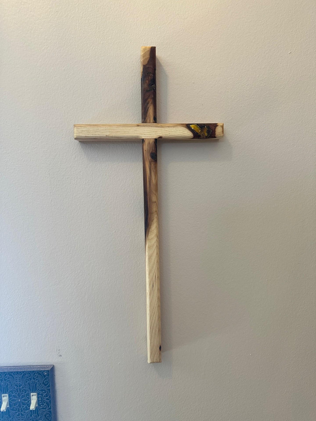 Hickory Cross 9" X 18". Handmade from reclaimed wood. Wall hanger. Natural wood no stain. Solid Hardwood