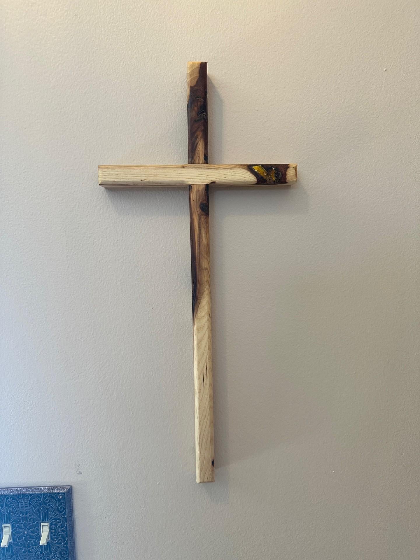 Hickory Cross 9" X 18". Handmade from reclaimed wood. Wall hanger. Natural wood no stain. Solid Hardwood