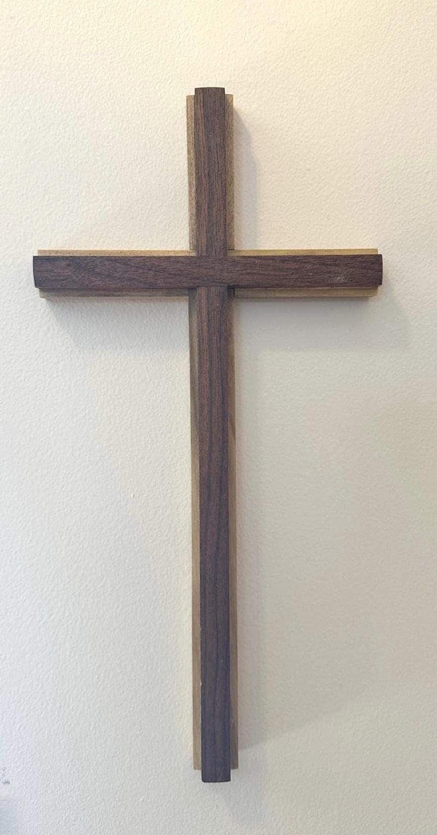 Walnut Cross with Black gum Overlay. 9" X 18". Wall hanger. Natural wood no stain. Solid Hardwood.
