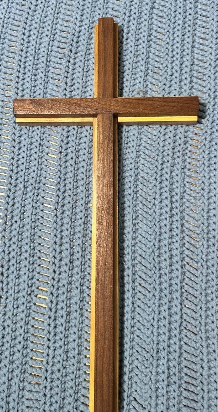 Walnut Cross with Black gum Overlay. 9" X 18". Wall hanger. Natural wood no stain. Solid Hardwood.